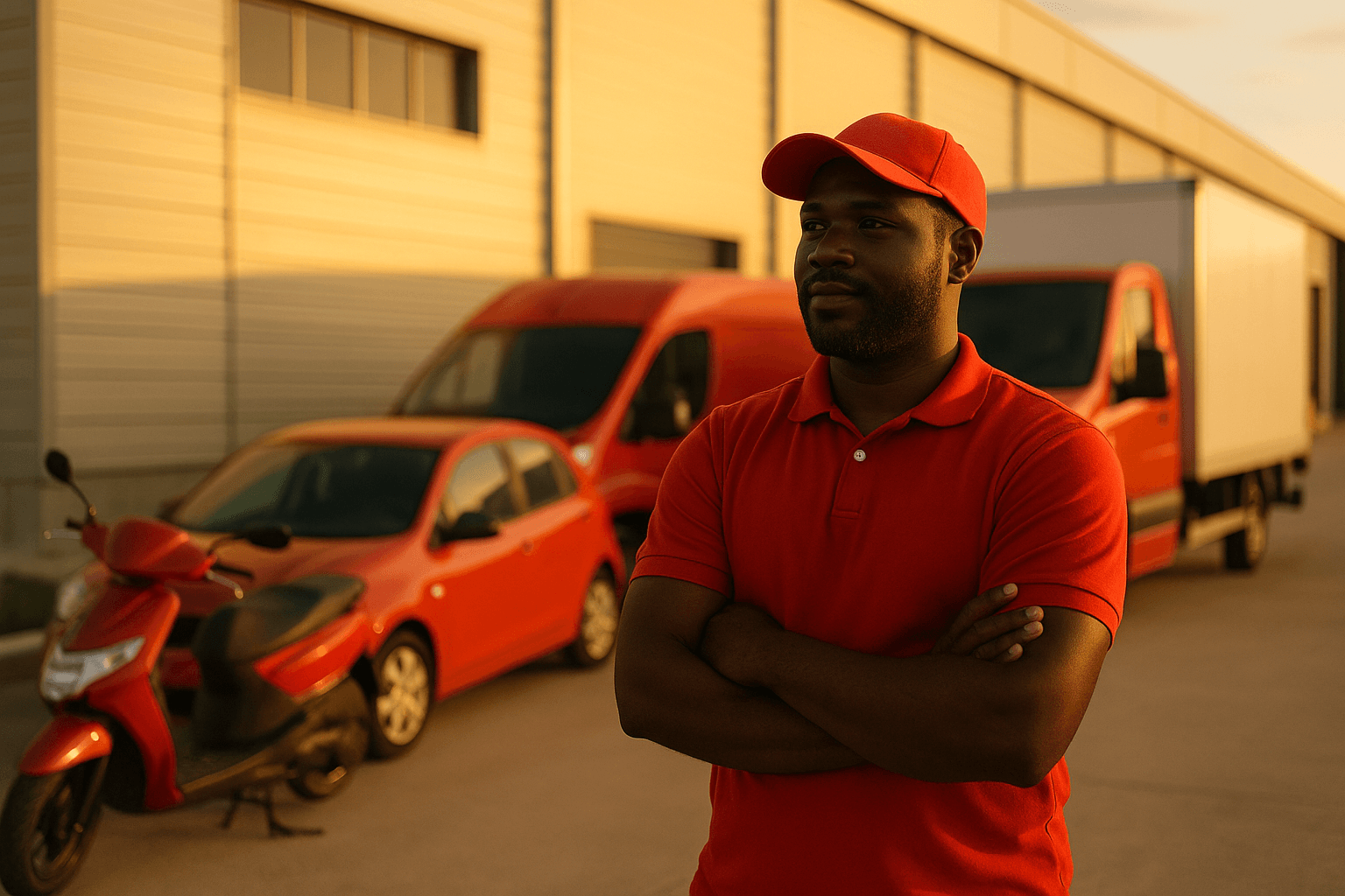 A Gofadis driver standing beside a moped, car, van, and delivery truck outside a warehouse